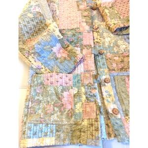 New Patchwork Quilted Jacket XL Pastel Pink Blu Button Up Pockets Cottage Core